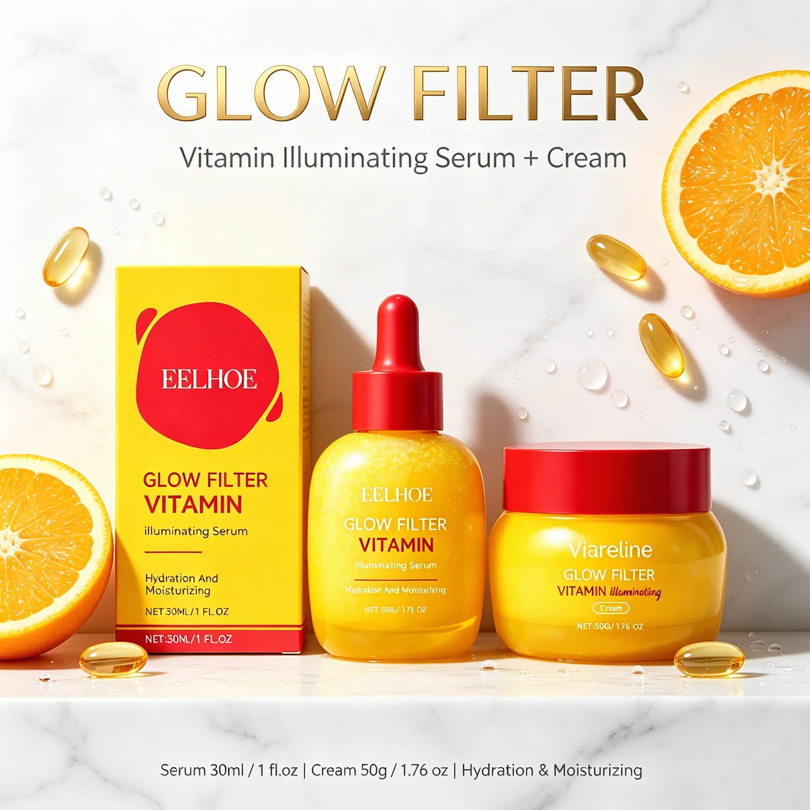 Conjunto de Sérum e Creme Iluminador com Vitamina C e Peptídeos para Cuidados com a Pele Coreana, 30ml de Sérum + 50g de Creme, Duo Iluminador e Hidra