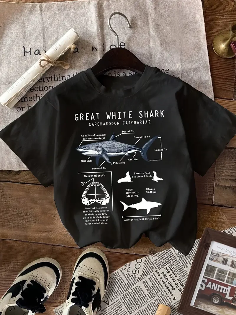 Shark Dissection Print T-shirt Unisex Women\'s Short Sleeved Summer Beach Whale Diving Travel Pure Cotton Casual T-shirt Women\'s