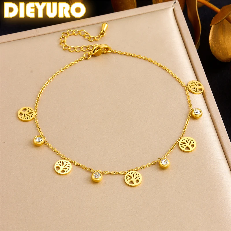 

DIEYURO 316L Stainless Steel Golden Tree of Life Zircon Anklets For Womens Girl New Trend Foot Chains Anti-Rust Jewelry Gift