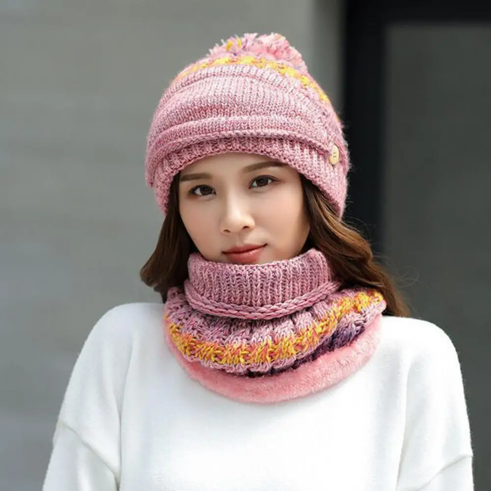 

Wool Hat Scarf Cozy Winter Accessories Set Knitting Hat Scarf Face Guard with Plush Lining Furry Ball Decor Stay Warm Stylish