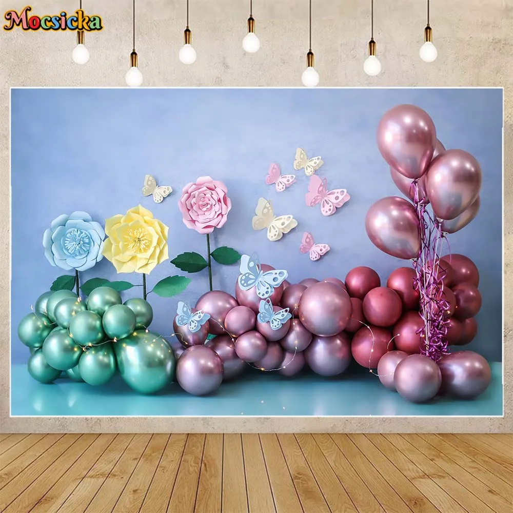 

Mocsicka Photography Background Purple Wall Flower Butterfly Balloon Adult Child Portrait Photo Backdrops Studio Photocall Props