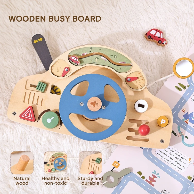 Montessori Toy Steering Wheel Wooden Busy Board Driving Learning Toy Wooden Sensory Toys For Toddlers Baby Kid Educational Gift