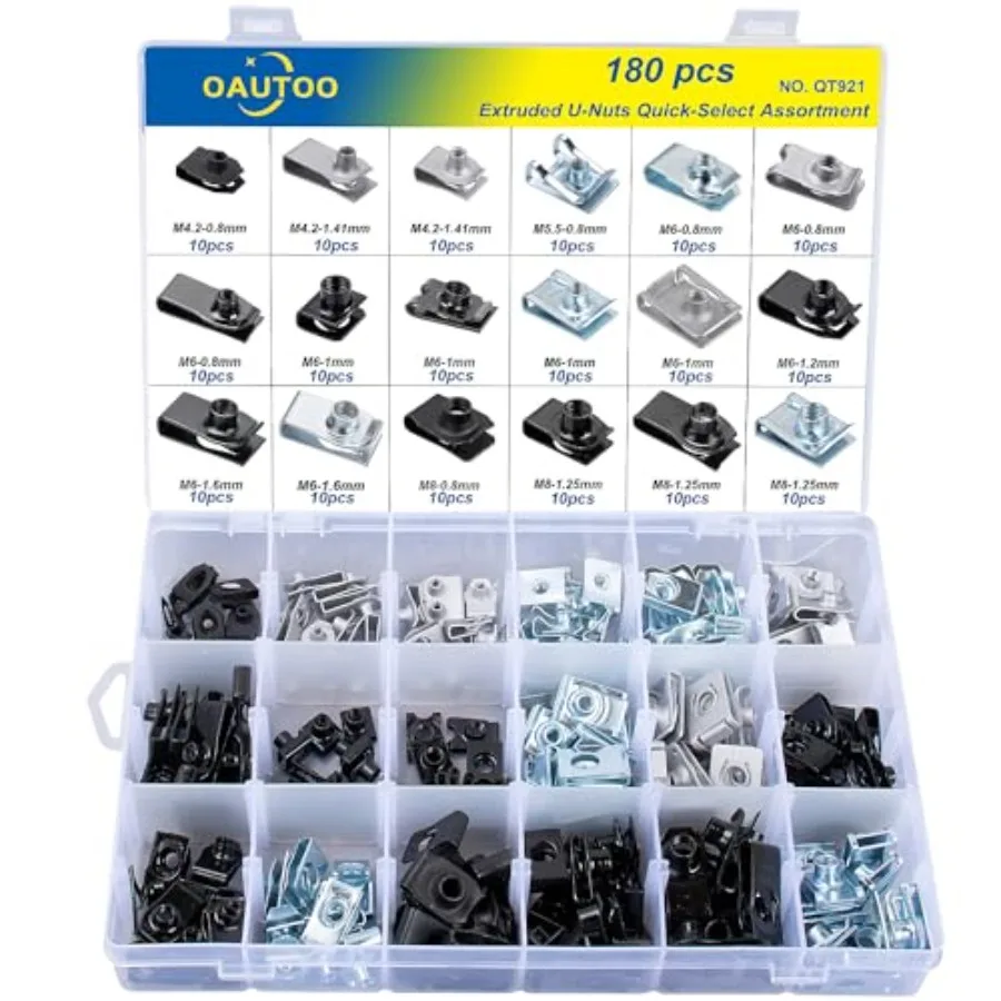 

180pcs Extruded U-Nuts Quick-Select Assortment for Body Bumper Fender Engine Radiator Air Deflector Lamp Splash Shield Support