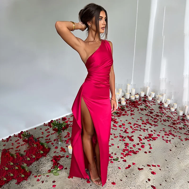 

2025Trendy Summer New Design Asymmetrical Shoulder Split Satin Dress Women