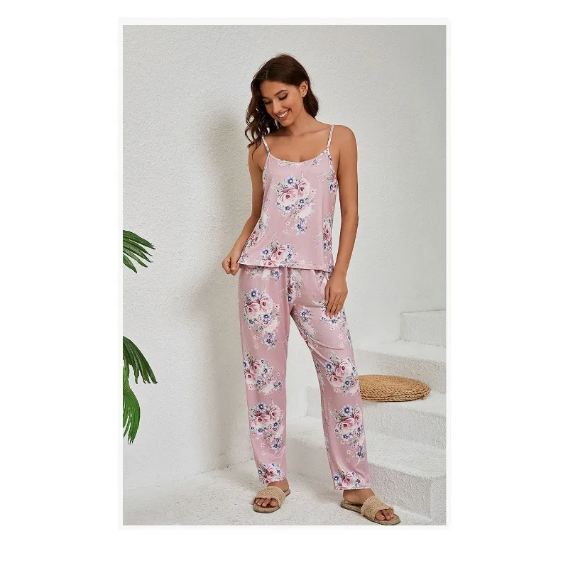 3-teiliges Set Damen Herbst Bedruckter Morgenmantel Trägerhemd Lange Hose Pyjama-Set Loungewear Homewear