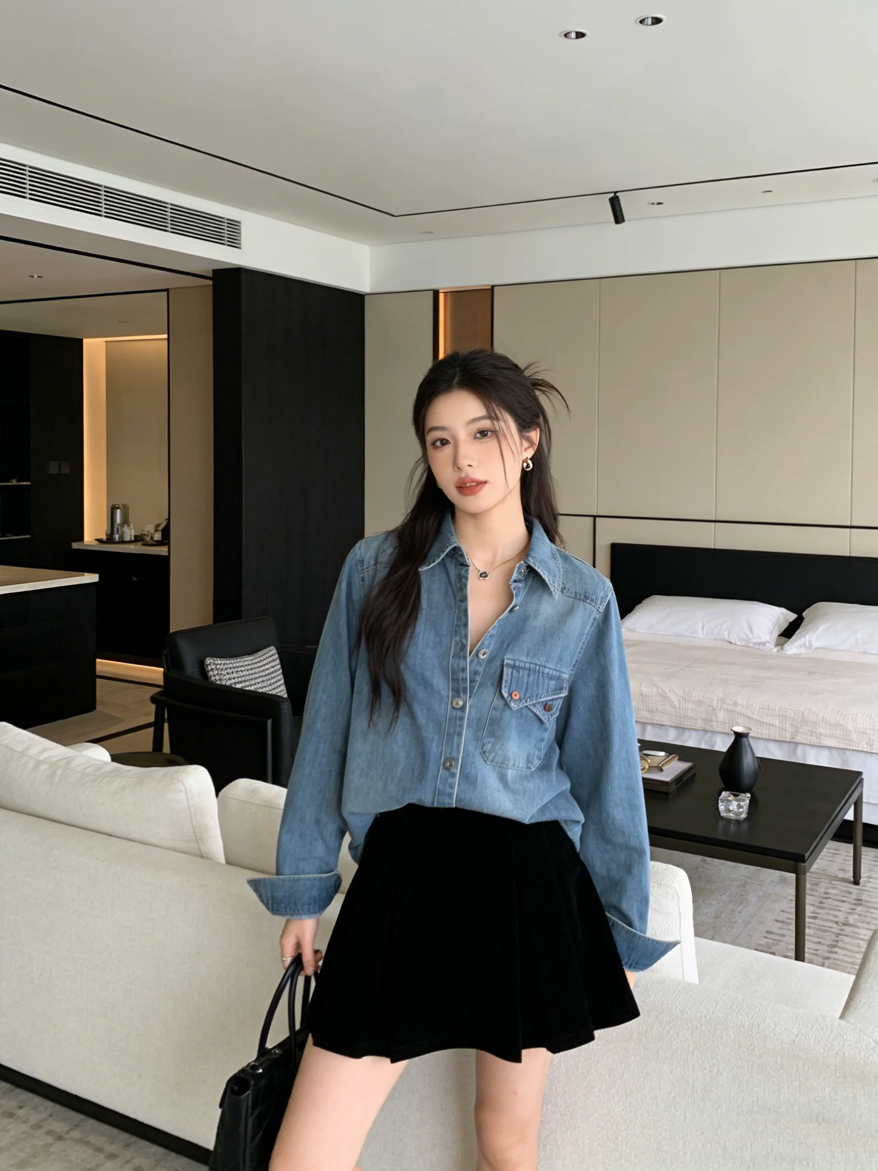 

Retro Early Spring Lazy Casual Sle Collar Light Blue Denim irt Women's Loose Sun Protection irt Korean Sle Long ...