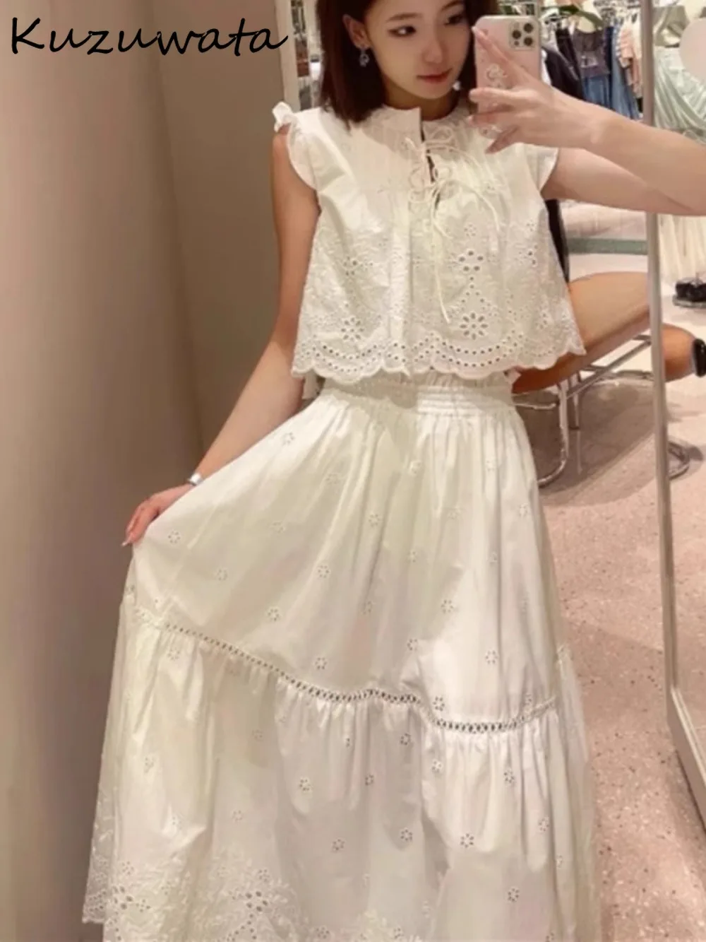 

Kuzuwata Sweet Hollow Out Embroidery Lace Up Set Shirt A-line Moda Ball Gown Faldas Japan French Style Big Swing Suits Vestidos