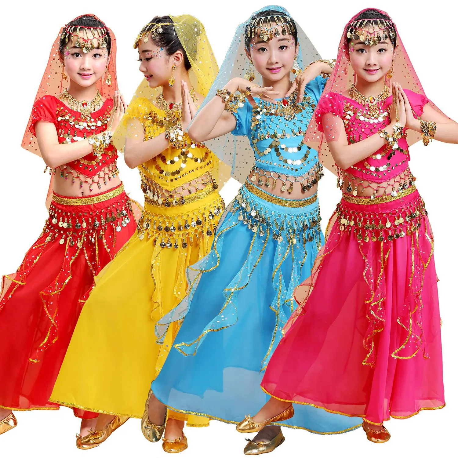 Girls' Indian Belly Folk Dance Costume Set - Sequins Embroidered Spinning Skirt for Performances