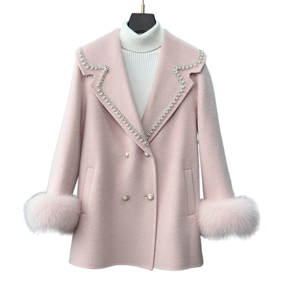 Suit Collar Double-Sided Alpaca Fleece/Fiber Coat Beaded Fashion Lady Mid-Length Fox Fur Double-Sided Woolen Coat Women