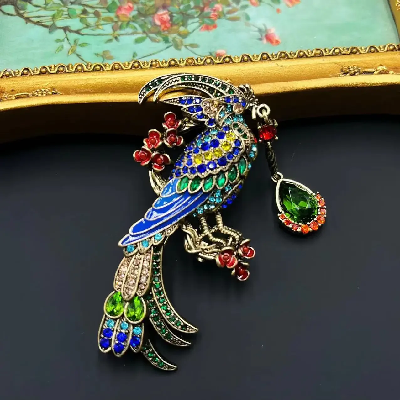 Colorful corsage Bright peacock vintage feather brooch