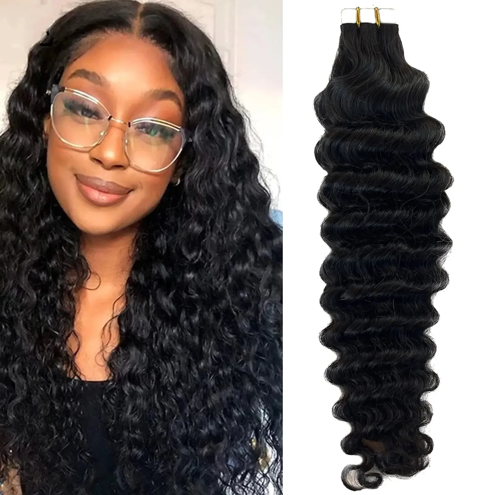 Tape In Deep Wave Extensions 100% Human Hair Brazilian Curly Tape in Hair Extensions Natural Black Color #1B Salon High Quality