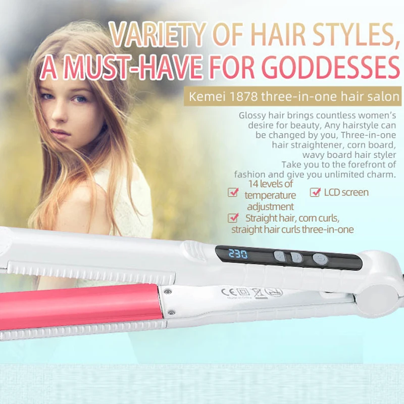 Kemei Hair Straightener Professional Ceramic Flat Iron Negative Ion Wide Plate Temperature Adjustable Straightening Iron KM-1878