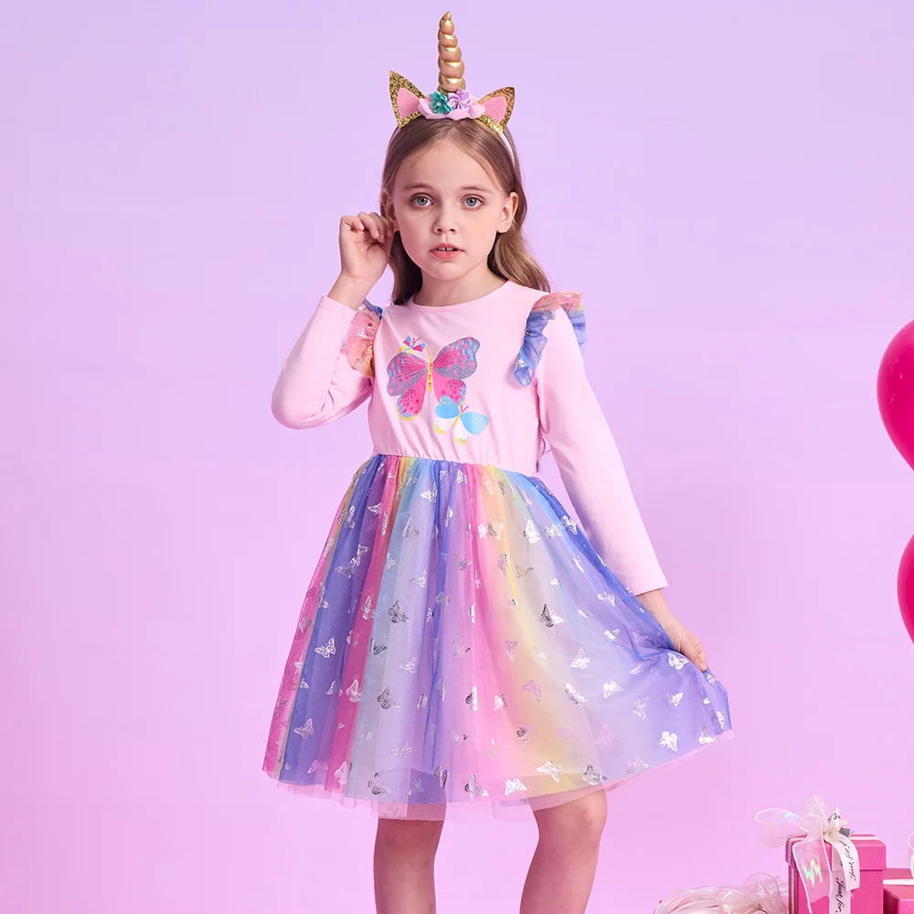VIKITA Kinderkleid mit Schmetterlings-Blumendruck, ausgestellte Ärmel, Mädchen, bunt, Party, Urlaub, Leistung, Prinzessinnenkleid für Kinderkleidung
