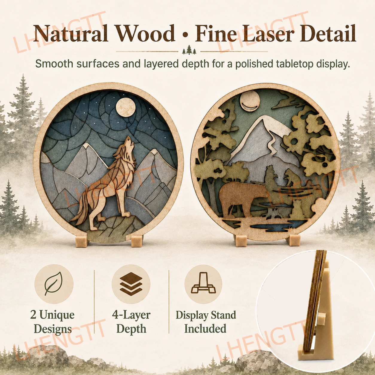 2PCS DIY Paintable Layered Wooden Painting Set, 4-Layer Wolf & Bear Wood Decor Plaques with Display Stand, Unfinished Wood Craft
