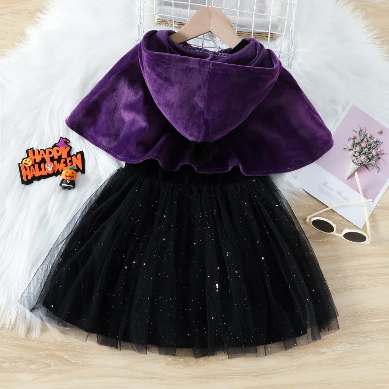 Halloween Girls Pumpkin Spooky Cape+Sleeveless Dress Set Children Tulle Dresses Ball Gown Dress Lace Cloak Outfit Witch Costume