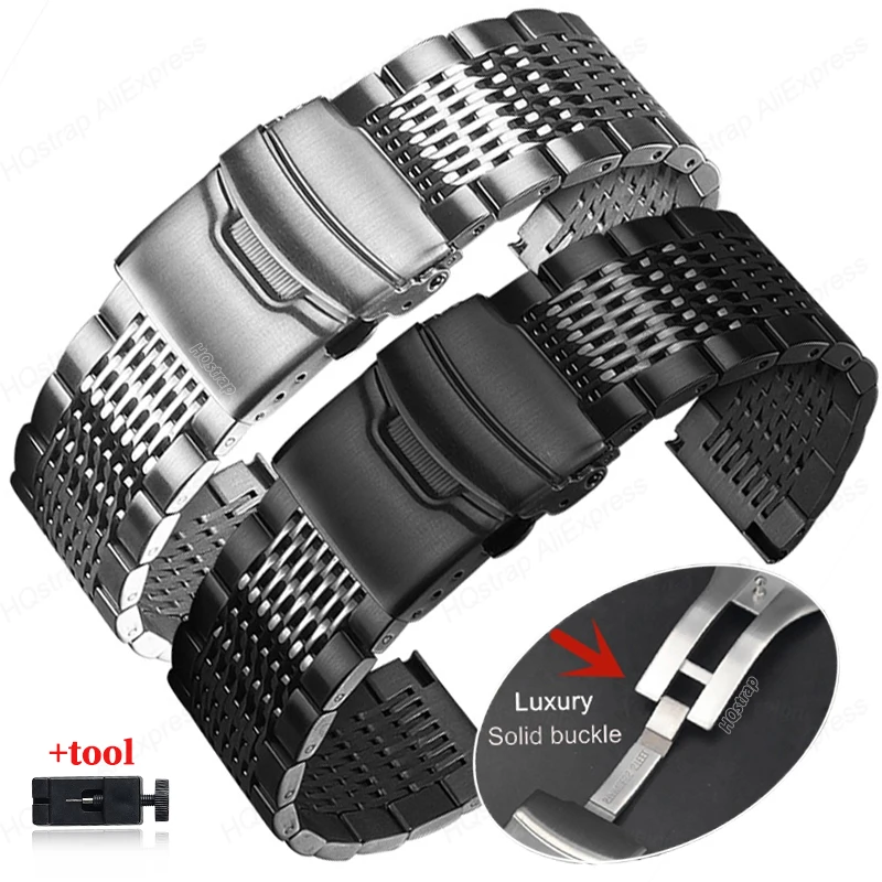 Solid Steel Strap 18mm 20mm 22mm 24mm for Seiko Watch Band for Water Ghost Bracelet Double Press Folding Buckle Wristband Luxury