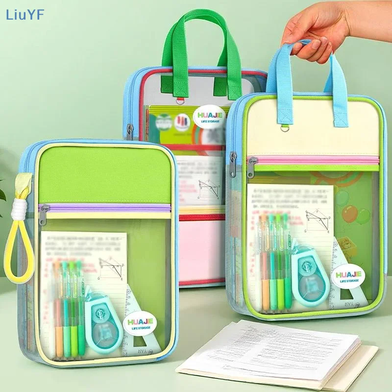 Student Handheld File Bag, Dopamine Color Tote, L-Shaped Zipper Mesh Folder, Exam Paper Storage And Subject Organizer