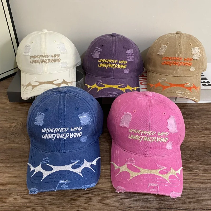 Retro Washed Distressed Dad Hat Embroidery Abstract Star Spike Patch Frayed Hole Washed Cotton Adjustable Baseball Cap Unisex