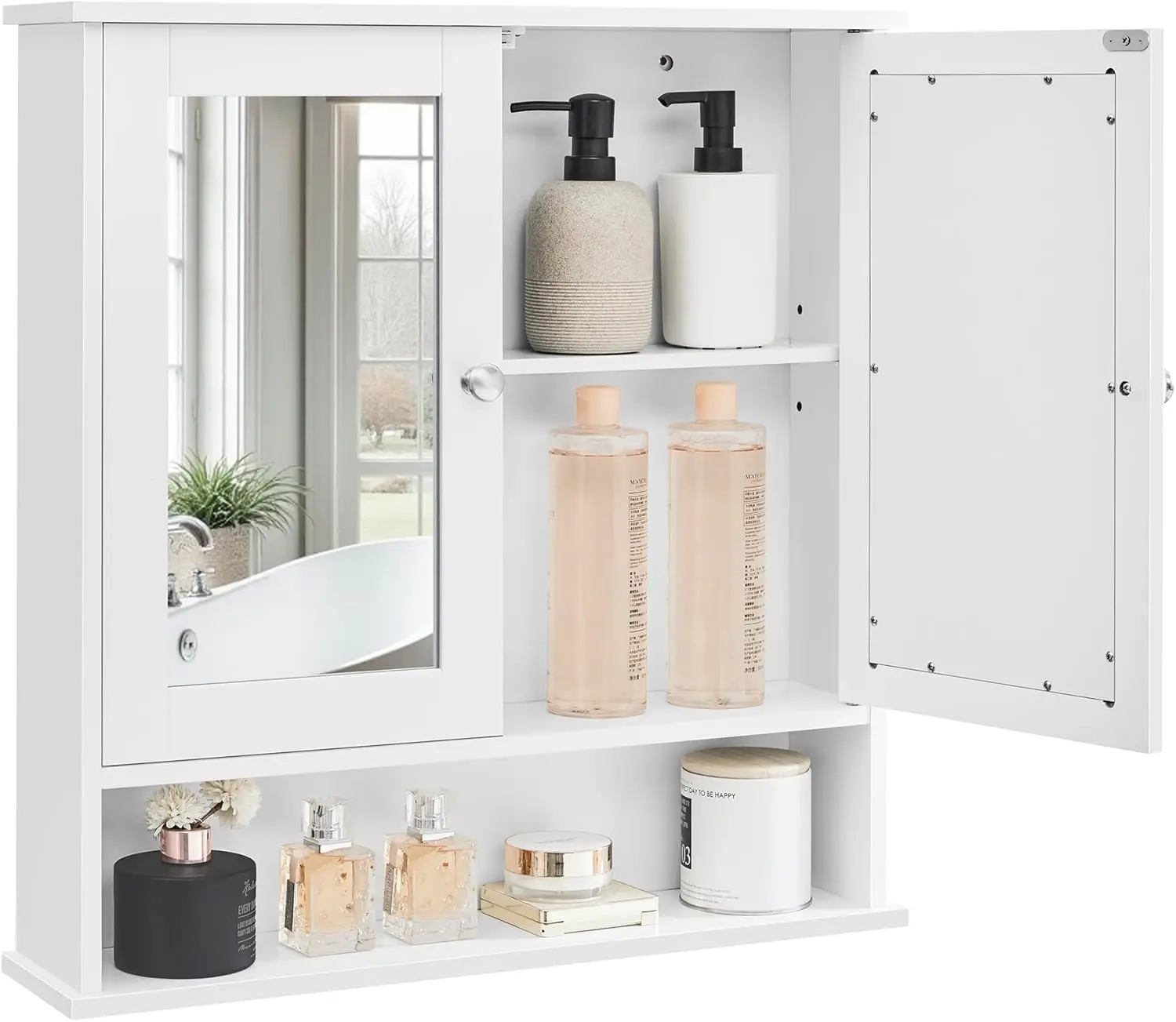 

Wall-Mounted Bathroom Cabinet with Mirror, 2 Mirrored Doors, Adjustable Shelf, Open Compartment, White, 5.1 x 22.2 x 23 Inches