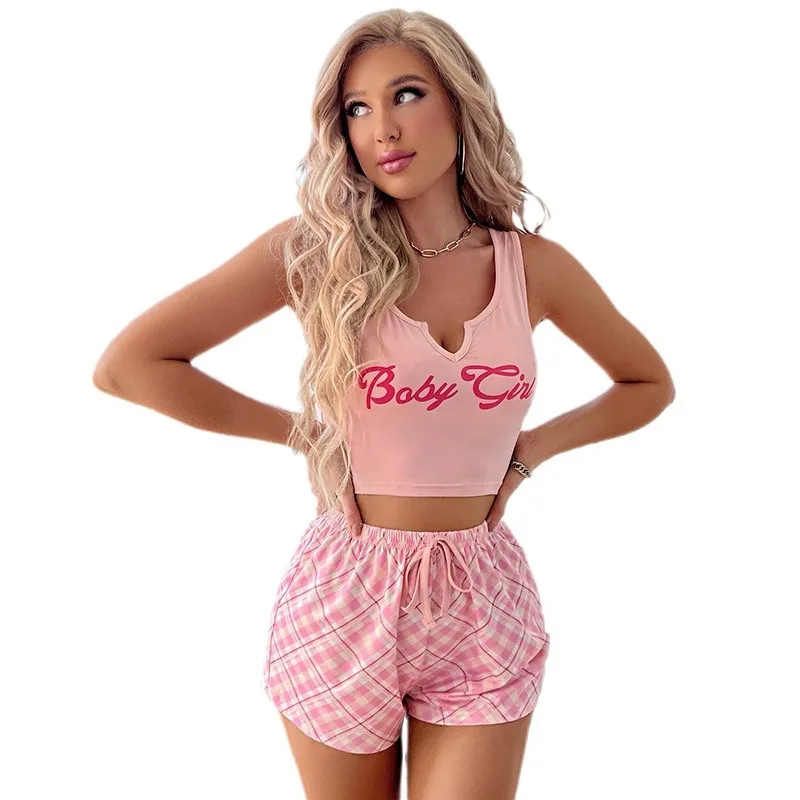 2pcs Spring And Summer Girls Sexy Pajamas Set Ladies Halter Tank Top Shorts Homewear Girls Casual Cool Homewear Set