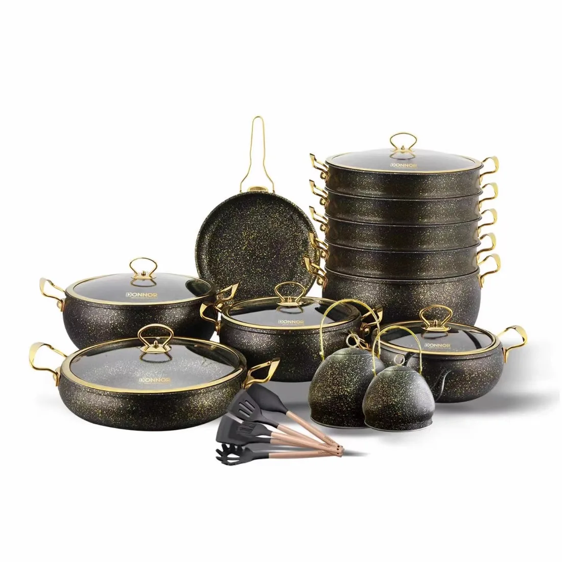 24pcs Granite Nonstick Cookware Factory Direct Kitchen Die Cast Aluminum Pots Sets Kettle Steamer Professional Glass Lid