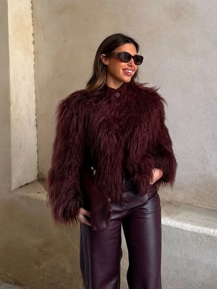 HH, nueva chaqueta de cuello redondo tejida con efecto de piel sintética para mujer, abrigo de manga larga con temperamento elegante de invierno para mujer