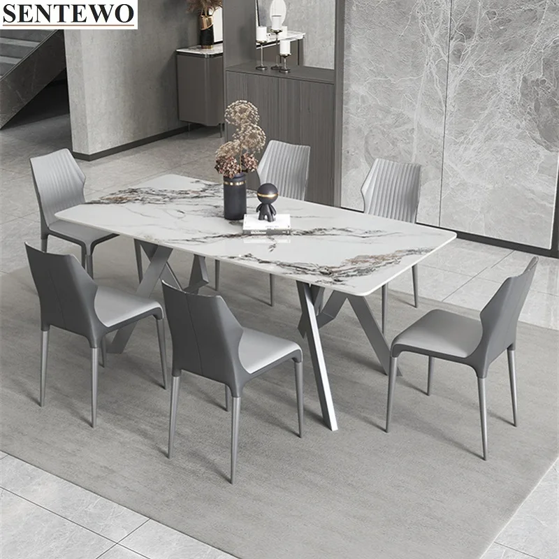 

Luxury Rock Slab Dining Table Dinner Chair Set Stainless Steel Titanium Grey Base Faux Marble Table Sfurniture мебель для кухни