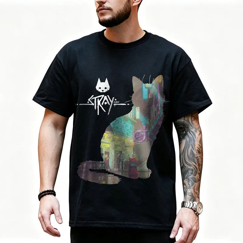 Stray Video Game Cat Graphic T‑Shirt O‑Neck Short Sleeve Unisex Tees Cyberpunk Stray Cat Print Casual Streetwear For Gamer Fans