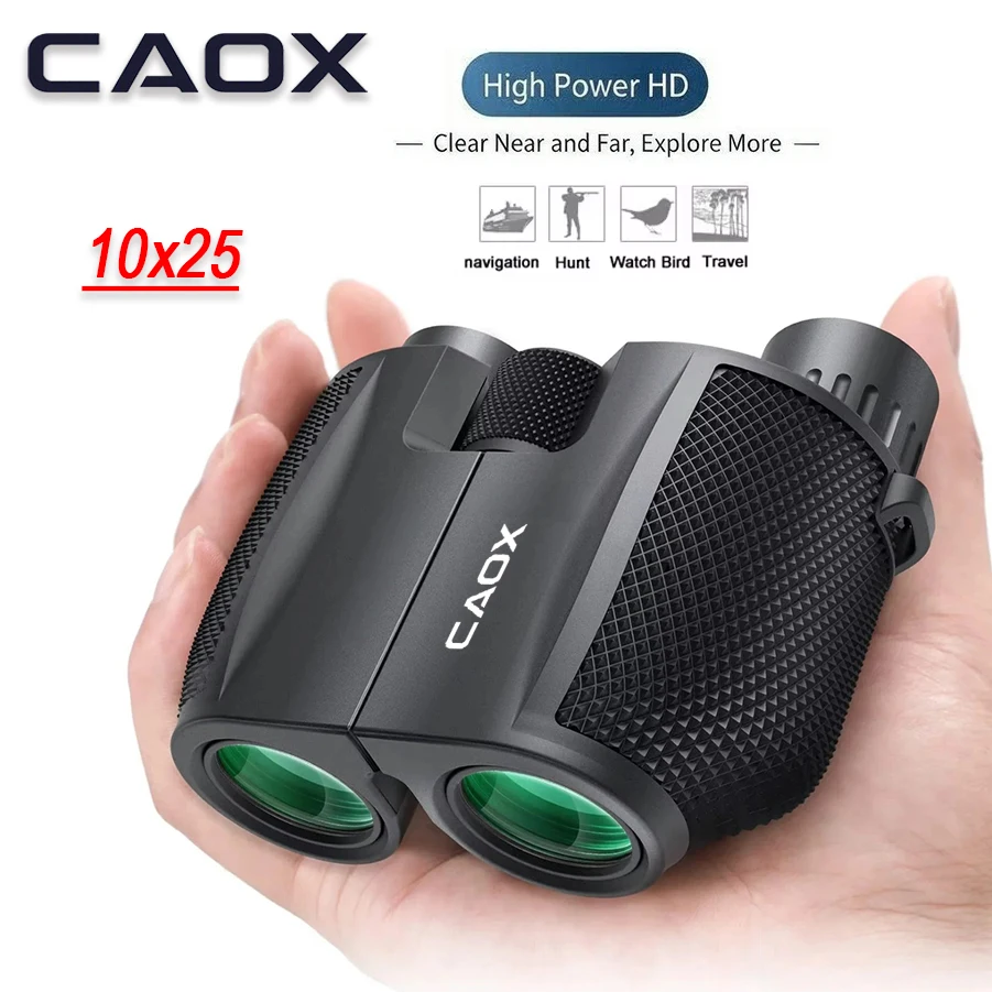 CAOX Binoculars 10X25 Long Range Pocket HD Telescope Folding Compact Bak4 Prism Binocular Optical Scope FMC Lens For Hunting