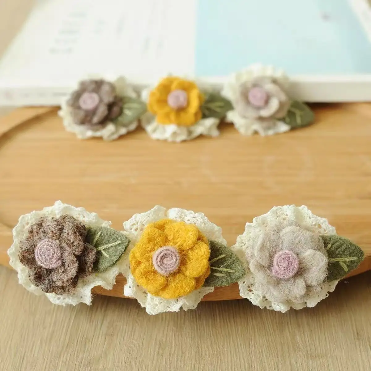 Early Spring Lace-edge Fabric Pom-pom Flower Brooch for Japanese-style Coat Woolen Clothing Accessory