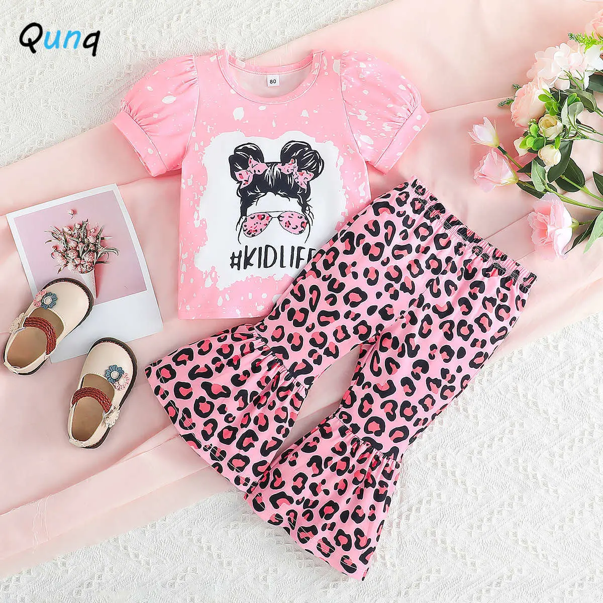 Qunq 2023 Summer New Girls Lovely Cartoon Short Sleeve Top+Leopard Print Flared Pants 2 Pieces Set Casual Kids Clothes Age 3T-8T