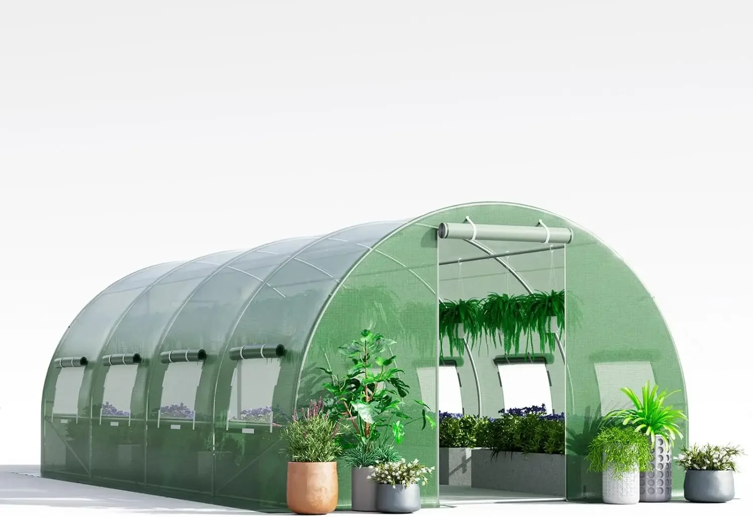 20 x 10 x 6.5 FT Greenhouse for Outdoor, Walk-in Tunnel Greenhouse with 10 Roll-up Windows & 2 Zippered Doors