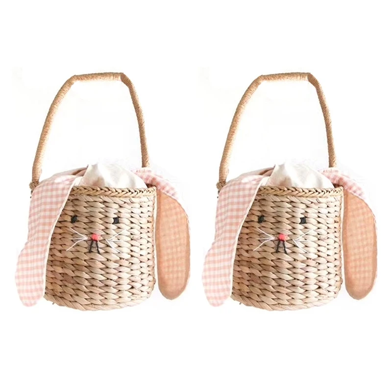 

2X Rattan Bucket Bag For Children's&Adults,Beach Straw Bag,Shoulder Messenger Basket Bag,Handbag With Bunny Ears