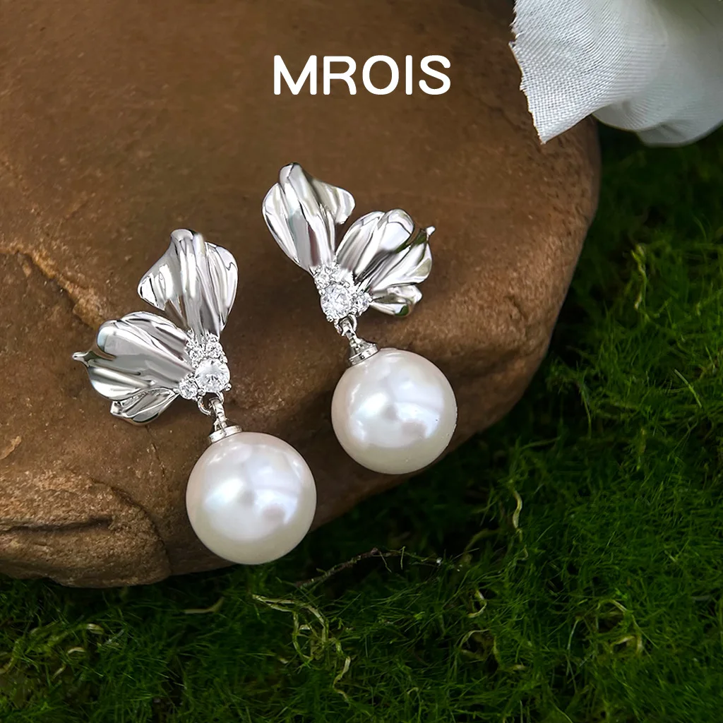 Original thick-plated real gold Phalaenopsis flower zircon pearl earrings light luxury French temperament elegant earrings high