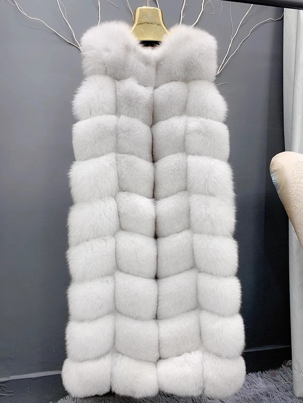 Chaleco de piel de zorro de 110cm de largo para mujer, Chaqueta corta sin mangas de talla grande, color blanco, de alta calidad