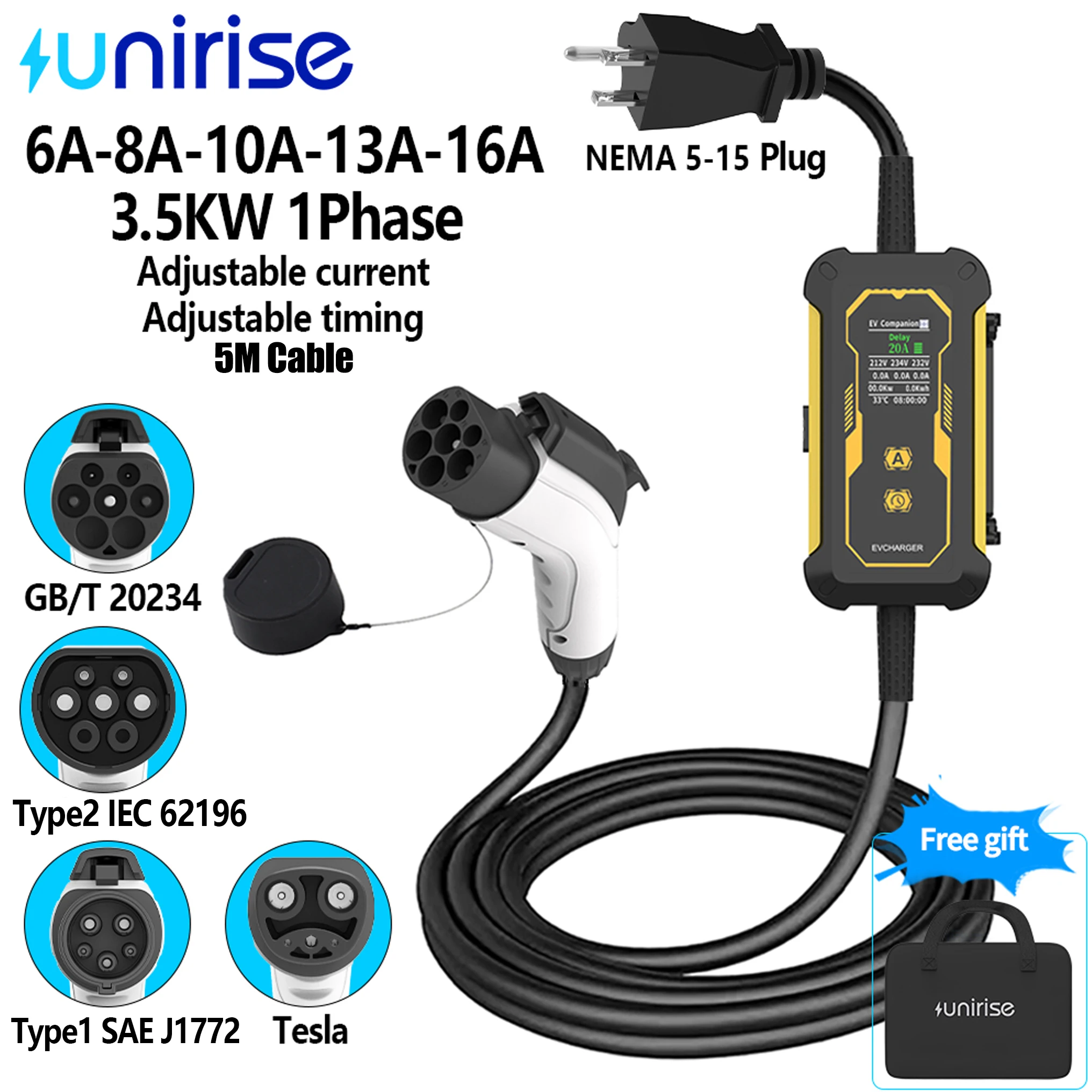 UNIRISE EV Charger Type2 GB/T Type1 NACS Portable Charger 16A 3.5KW NEMA 5-15 Plug For IEC 62196 J1772 GBT Electric Car Charging