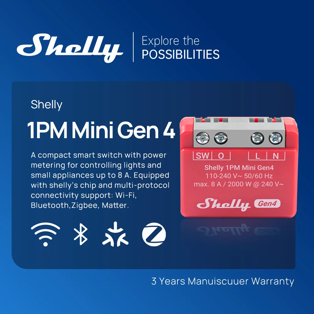 Shelly 1PM Mini Gen4 Zigbee Smart Switch Power Metering Matter for Smart Lights Small Appliances 8A Control Via Light Bulb