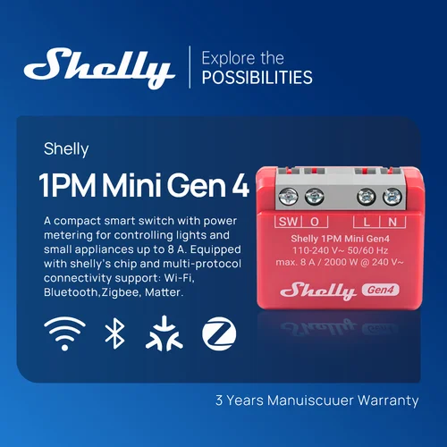 Imagen 2 del producto Shelly 1PM Mini Gen4 Zigbee interruptor inteligente medición de potencia materia para luces inteligentes pequeños electrodomésticos Control 8A a través de bombilla