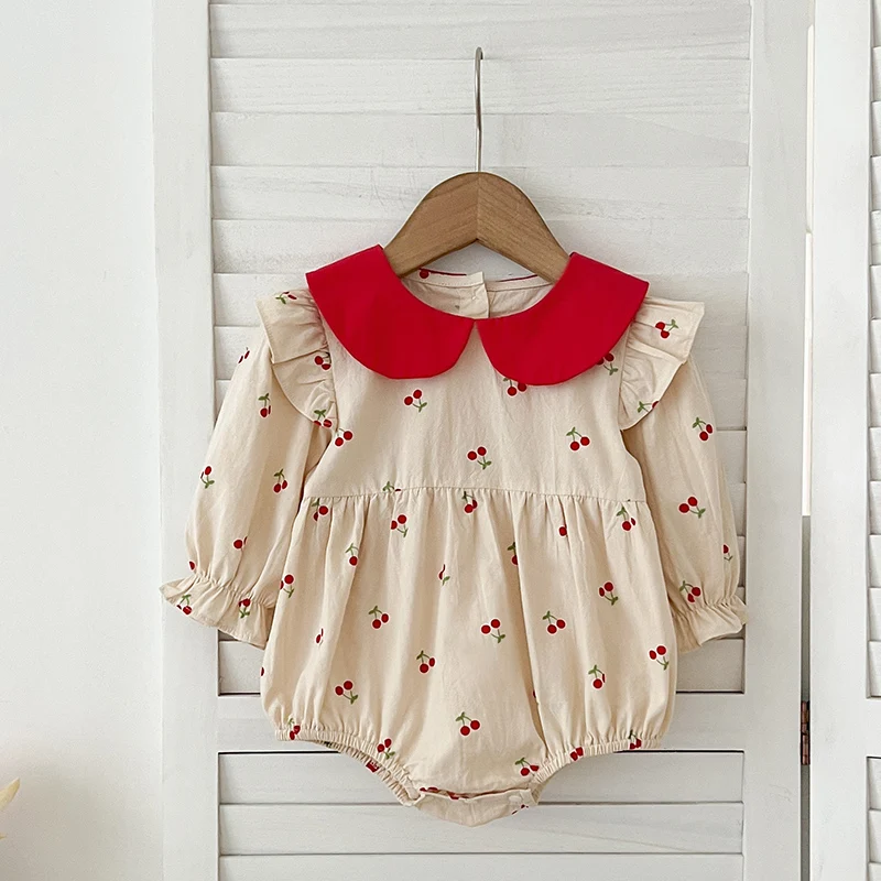 New Spring 0-24M Children Clothes Infant Baby Girls Jumpsuit Long Sleeved Cotton Cherry Print Romper Korean Style Climbing Suit