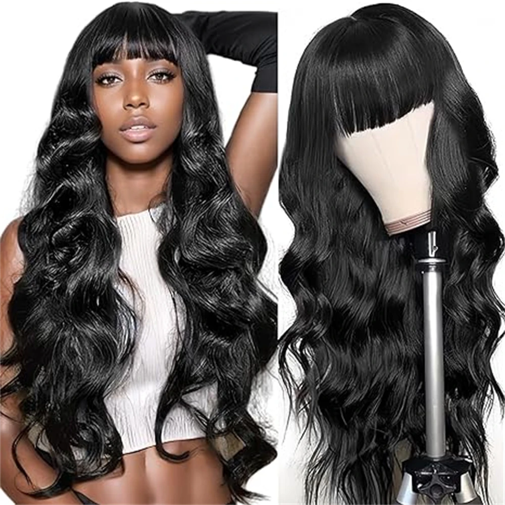 Body Wave Wig With Bangs 14-22 Inches Glueless Wig Ready To Wear 100% Brazilian Original Hair 180% Density Full Machine Made Wig