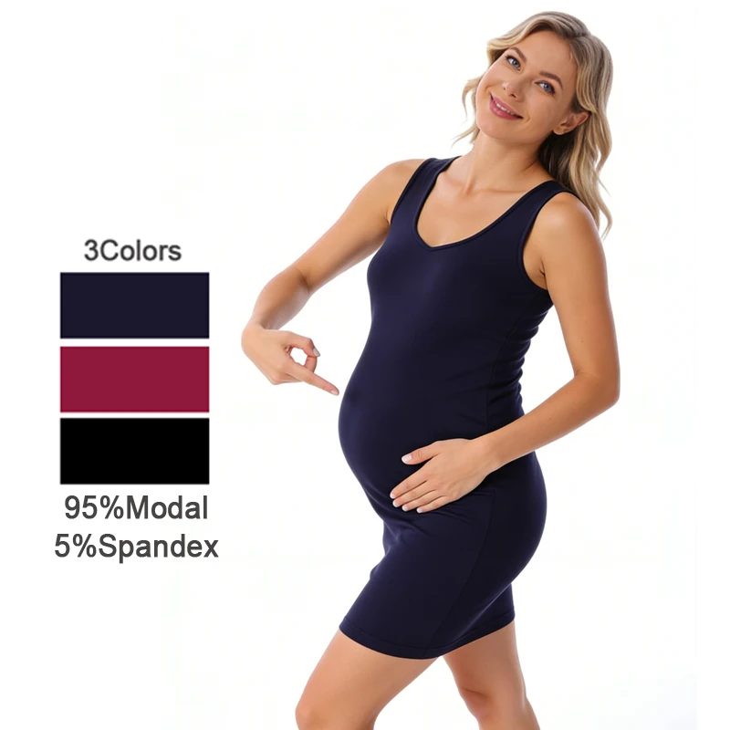 Scoop Neck Sleeveless Maternity Tank Dress Side Ruched Slim Modal Bodycon Short Pregnancy Dress for Summer Daily Wea