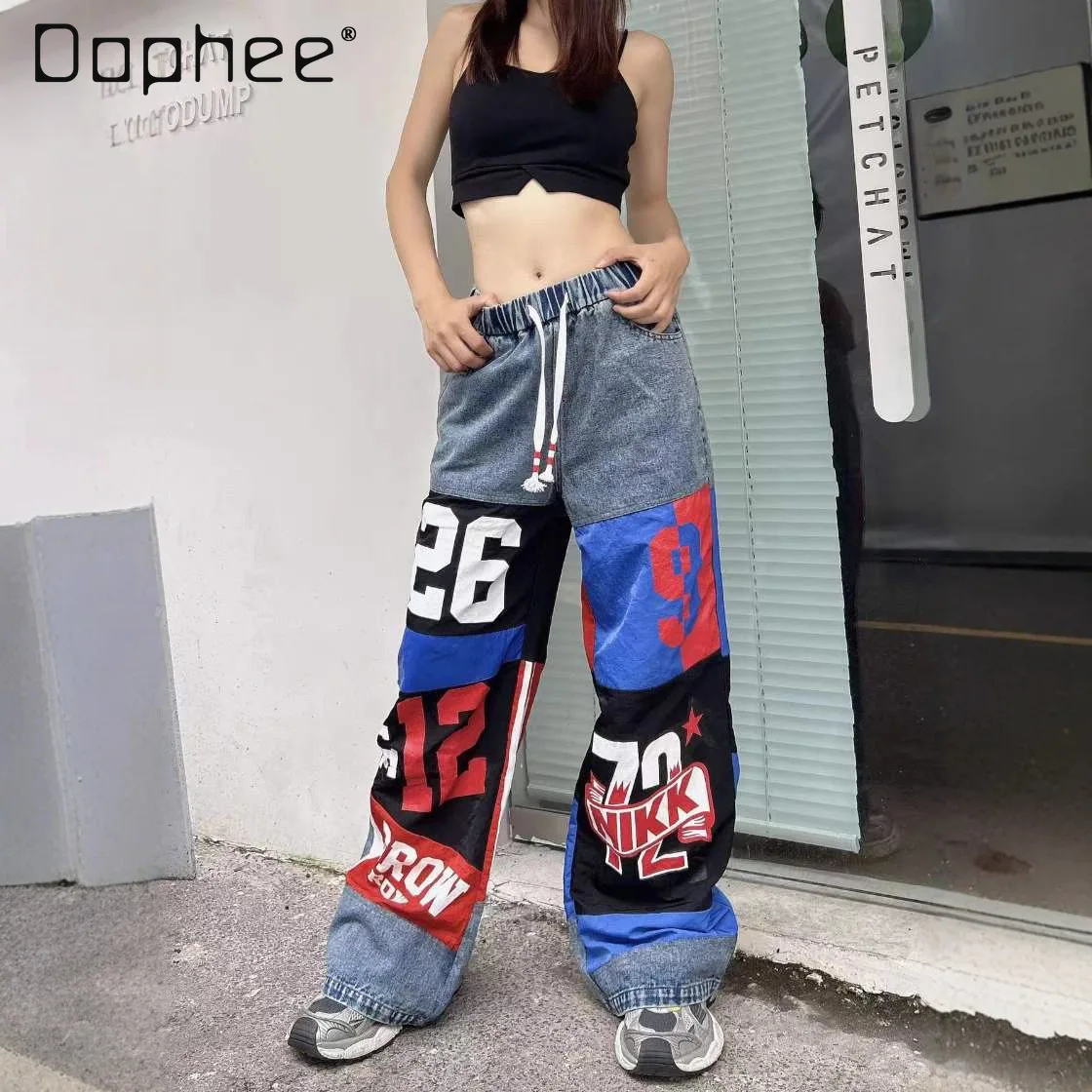 

Женские джинсы в европейском стиле, осень 2023, новые лоскутные джинсы с буквами, цветные блоки, эластичная резинка на талии, повседневные длинные брюки, модные джинсы