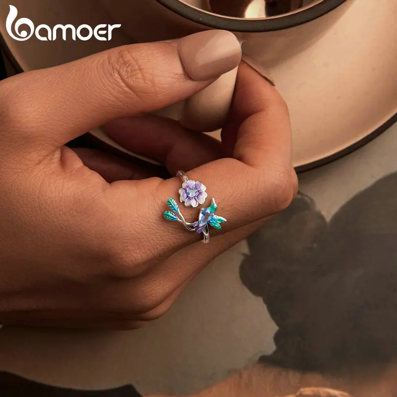 

Открытое кольцо Bamoer с цветком и птицей из циркона, серебро 925 пробы, уникальный дизайн с цветком и птицей, регулируемые кольца для женщин, изысканные ювелирные изделия