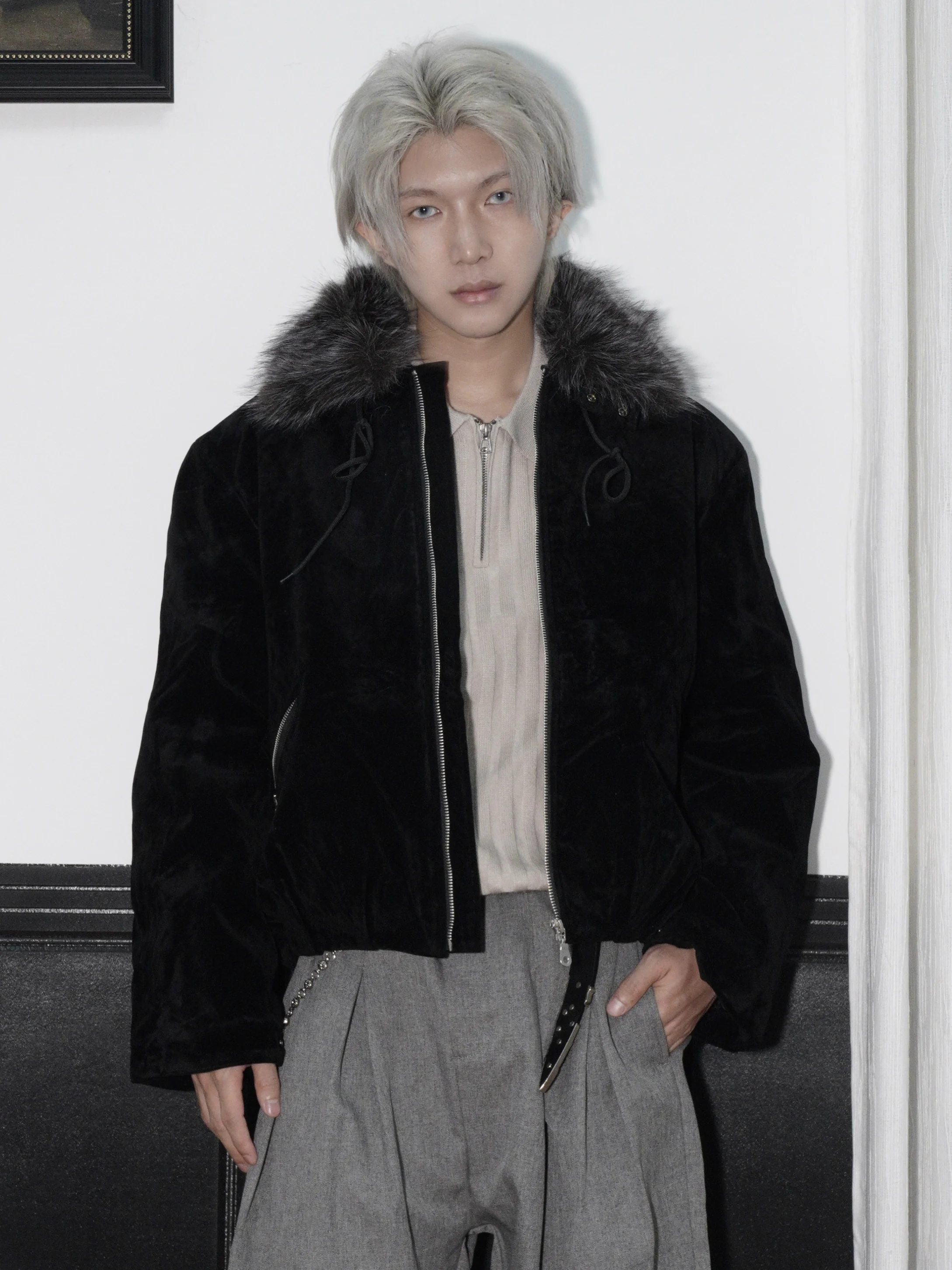 Ueima American Retro Cuello de piel desmontable Gamuza Jaet Abrigo suelto para hombres perezosos Decoración con cremallera Corte holgado informal Win de otoño...