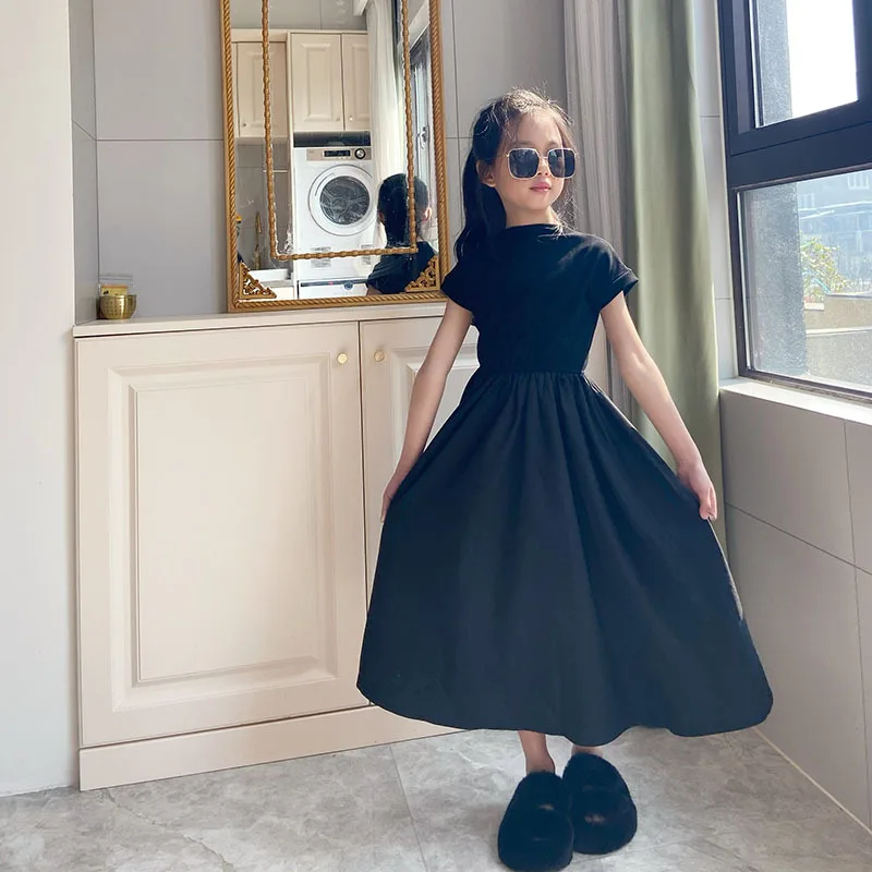 Girls Black Dress 3-12 Years Cotton Party Dress Teen Girls Student Fashion Dress Summer Princess Dress Kids Casual Dresses