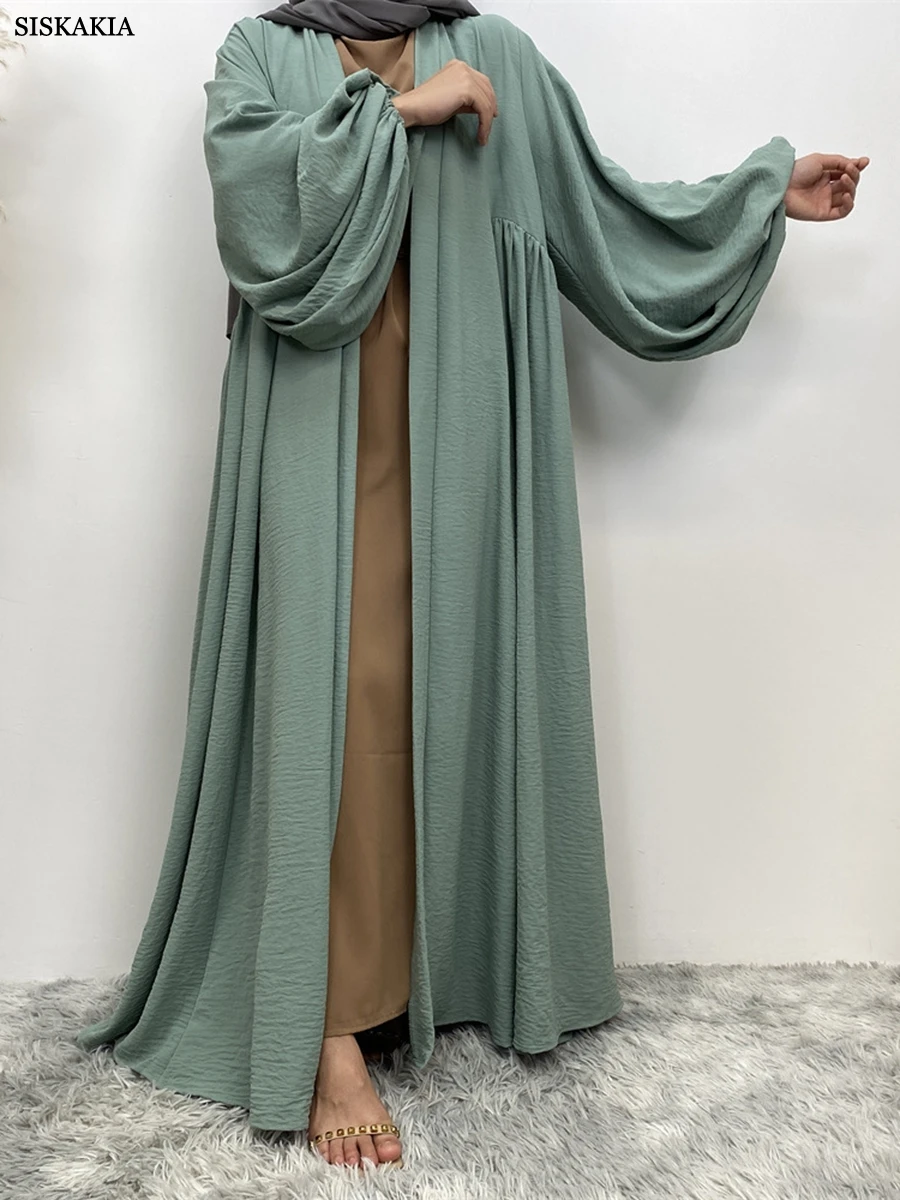 Siskakia Kimono Abayas Puff Sleeve Loose Folds Robe Kabaya With Pockets Muslim Ramadan Eid Women Clothing Turkish African Kaftan