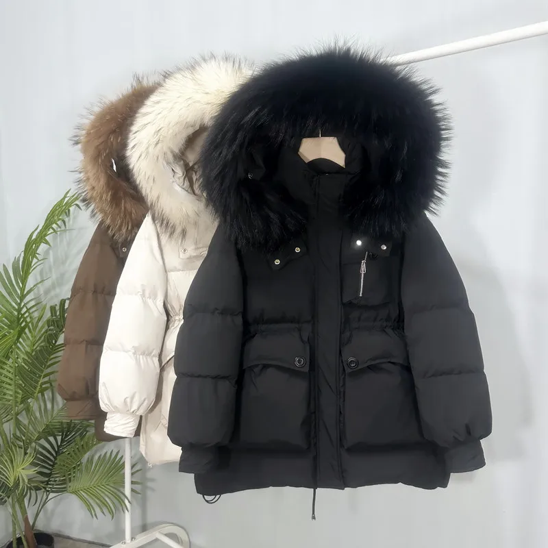 Real raccoon fur collar Parker Down Jacket Women's Mid to long 2026 Winter New Fashion Waist cinching Slimming Thick Warm Coats