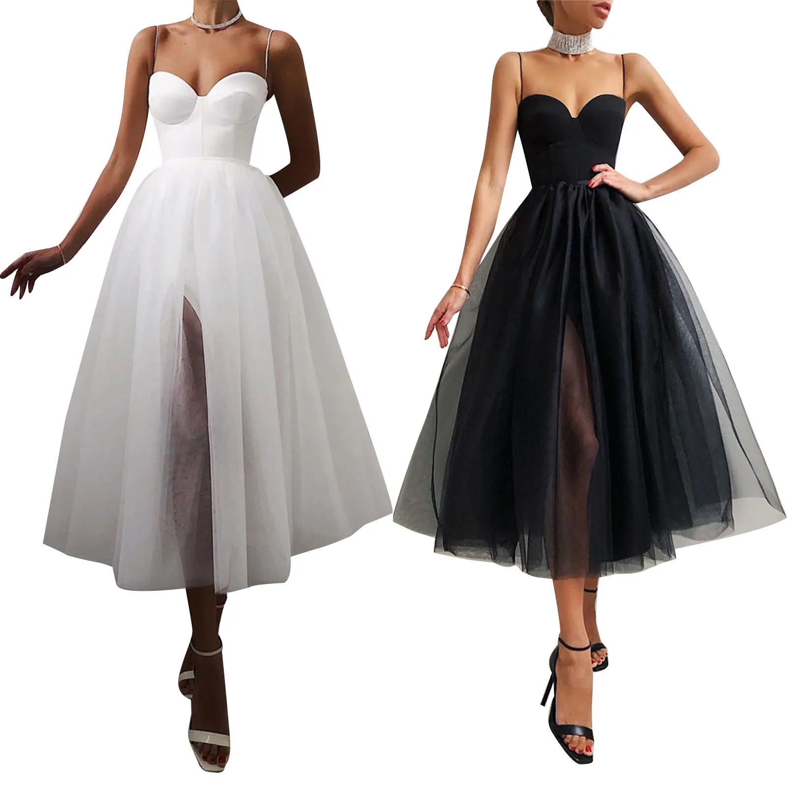 

Women Summer Cocktail Dress Solid Color Spaghetti Strapless Tulle Tutu Dress Party Elegant Side Slit Braces Mesh A-Line Vestido