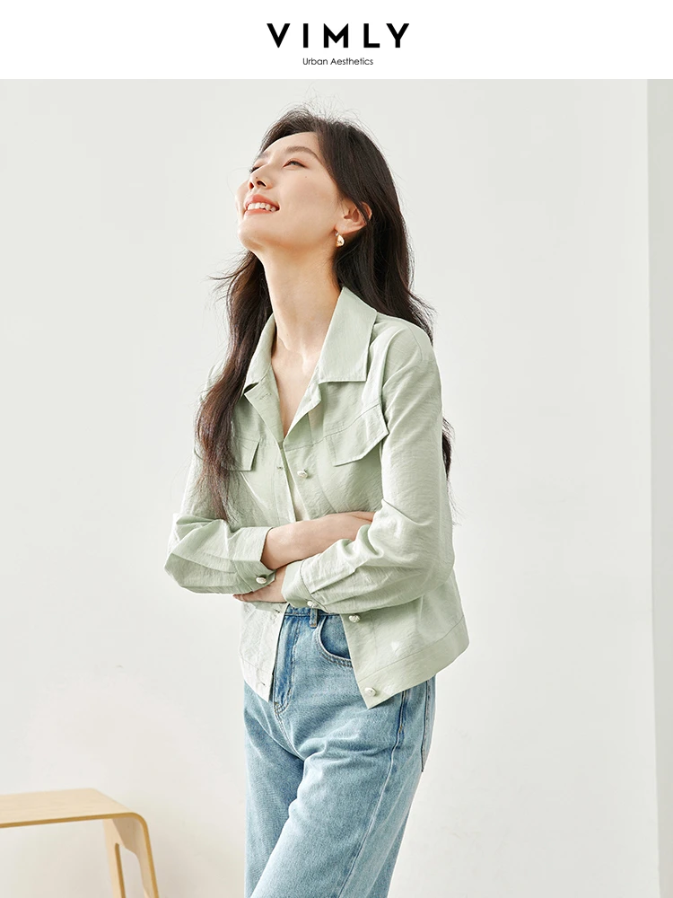 VIMLY Women Outdoor Commuter Summer Jacket Sun Protection Clothing Windbreaker Jacket  Casual Loose Tur-down Collar Jacket M5921