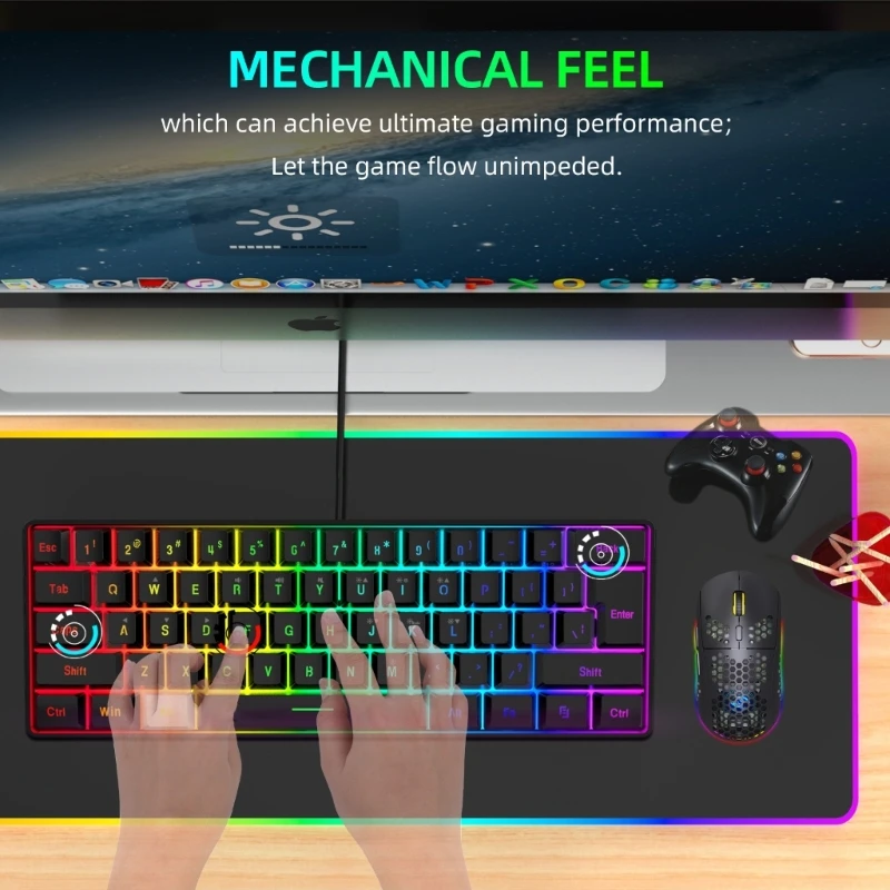 V700-Wired Gaming Keyboard 61 Keys Multi-Color RGB Illuminated LED Backlit Quick-Response  Ultra-Compact Keypad